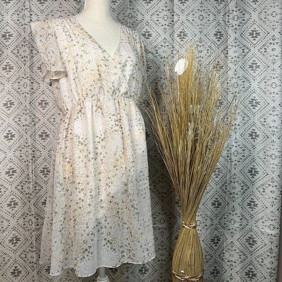 BCBG White Floral Print Midi Dress Sleeveless Empire Waist Ruffle Hem Size L - Picture 1 of 5